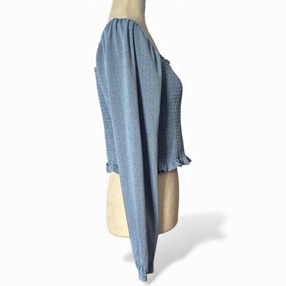 SO Women’s Crop Top Peasant Boho Solid Blue Long Sleeve Size L - Picture 4 of 6